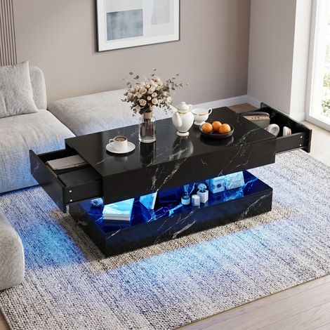 Tavolino da Salotto Effetto Marmo, Tavolino da Caffè con 2 Cassetti e Ripiano, Luci LED RGB App, Stile Moderno Lusso, 100x50x45 cm, Nero (1/5)