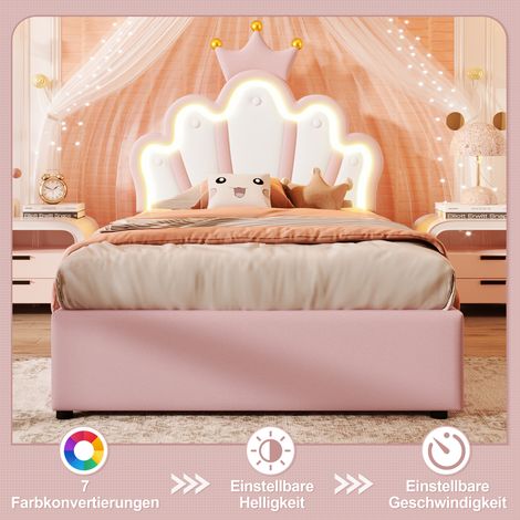 Lit rembourré princesse 90×200cm PU rose,couronne,LED,mécanisme hydraulique,tête réglable,vendu sans matelas