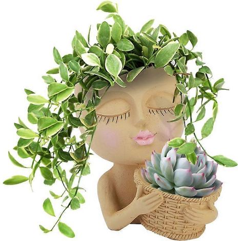 Pot de fleurs en forme de tête de fille charmante pour plantes et fleurs séchées - beige (1/5)