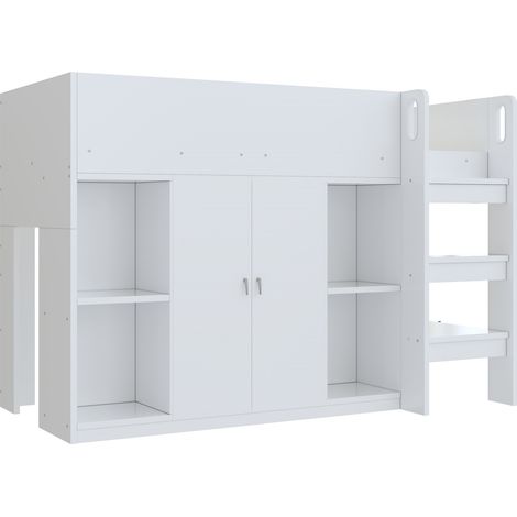 Letto a soppalco 90 x 200 cm con vano contenitore, armadio e ripiani, bianco (1/5)