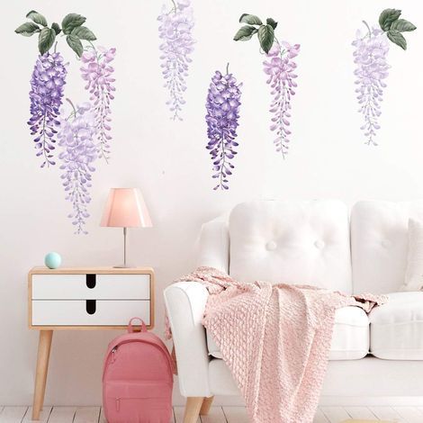 Wandtattoo mit lila Glyzinienblüten, Wandaufkleber mit hängender Kletterpflanze, Wanddekoration für Mädchenzimmer, Wohnzimmer, Büro (1/5)