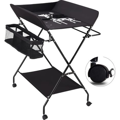 Table à langer, design pliable, utilisation multifonctionnelle, Noir avec des roues (1/2)