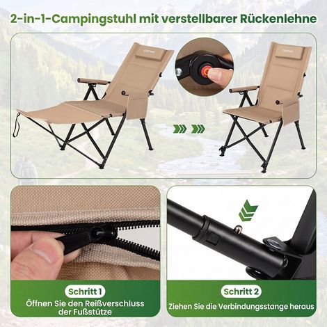 Chaise de camping inclinable kaki avec dossier réglable, repose-pieds amovible et coussin, pliable pour plage, camping et terrasse (1/5)