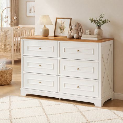 FLORAGRACE Buffet 6 tiroirs blanc et bois naturel, style rétro maison de campagne, meuble de rangement 120 x 40 x 76 cm pour salon, salle à manger ou entrée (1/5)