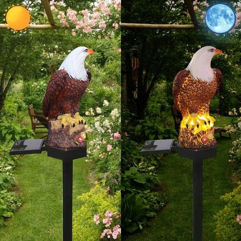 Lumière d'aigle d'énergie solaire, résine de décoration jardin mignonne lampe de sol animale, crépuscule sans fil à l'aube LED. (1/5)