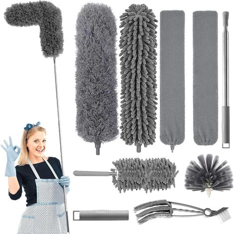 9-teiliges Teleskop-Staubwedel-Set mit waschbaren Mikrofaserpads, 2 m Reichweite, 360° drehbarem Kopf, Anti-Spinnweben-Funktion, für Decken, Jalousien, Autos, Möbel und schwer zugängliche Ecken (1/5)