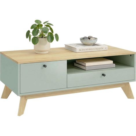 Table basse de salon, table d'appoint rectangulaire avec tiroirs, portes d'armoire et compartiments de rangement ouverts, coloris vert clair et chêne. (1/5)