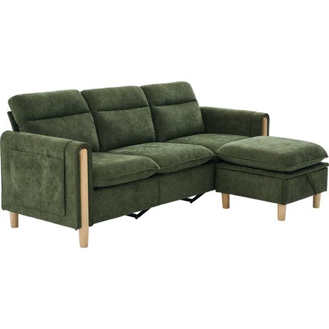 Sofá de Esquina Reversible de 3 Plazas con Almacenaje, Bolsillos Laterales, Chenilla Verde (1/5)