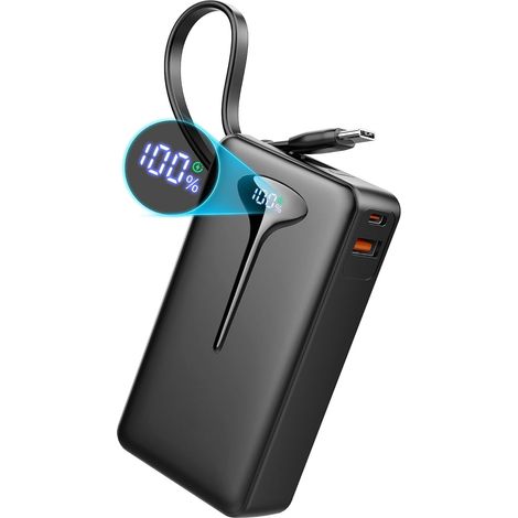 Batterie Externe 10000mAh, Power Bank Charge Rapide Batterie Portable 3A USB C Input et Output, 4 Sorties avec Câbles Intégrés, Chargeur Externe pour iPhone 16 15 14 13 12 Samsung Tablettes et Autres (1/5)