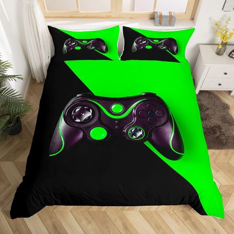 Jeux Housse de Couette Joueur Jeu Vidéo Parure de Lit 200x200cm pour Enfants Garçons Console Gamepad Sets de Housse de Couette Jeu Manette Chambre à Coucher 3 pièces Noir Vert - 200x200 cm (1/5)
