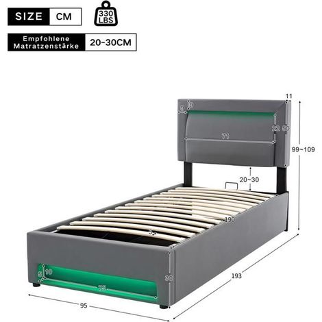 Lit simple 90x190 cm en pu avec USB et éclairage LED,lit coffre avec espace de stockage et sommier à lattes pour enfant/adulte,gris (1/5)