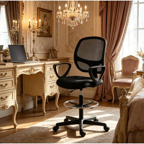 Sedia da ufficio ergonomica con poggiapiedi, reclinabile, regolabile, nera OKMYHOME (1/5)