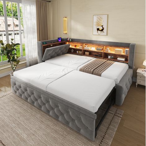 Letto estraibile 90x190 cm in velluto grigio scuro con contenitore, LED, USB e Type-C (1/5)
