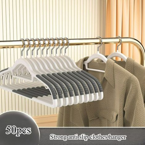 50 pièces Rutschfeste Kleiderbügel, matériau PP, crochets antidérapants + rainure pour pantalon, gain de place, support Krawatten, rotatif à 360 °, gris blanc. (1/5)
