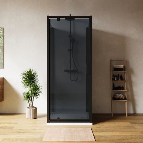 Cabine de douche trois côtés 70x90x70cm avec porte battante profilés noir mat et verre fumé 6mm h185 Madagascar (1/4)