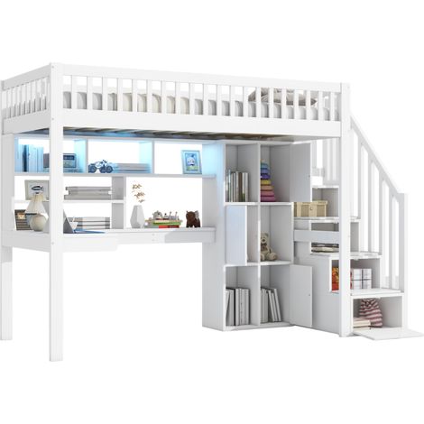 Lit mezzanine, 90200cm, avec éclairage LED, échelle de rangement, étagères, compartiments de rangement, bureau, sans matelas, blanc