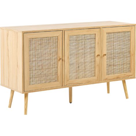 Aparador de ratán madera clara dorado 120 x 40 cm 3 puertas cajones boho Perote