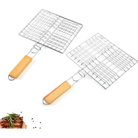 Grille de Barbecue Portable Griller Panier Griller avec Poignée en Bois Grilles de Poisson Pliables Barbecue avec brosser avec Poignée en Bois Amovible pour Barbecue Extérieur et Intérieur 2 (1/5)