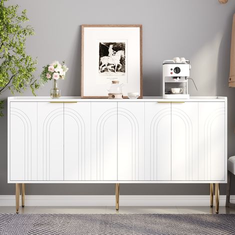 Credenza in MDF bianco 140 x 38 x 75 cm, 4 ante con ripiani regolabili e gambe in ferro dorato
