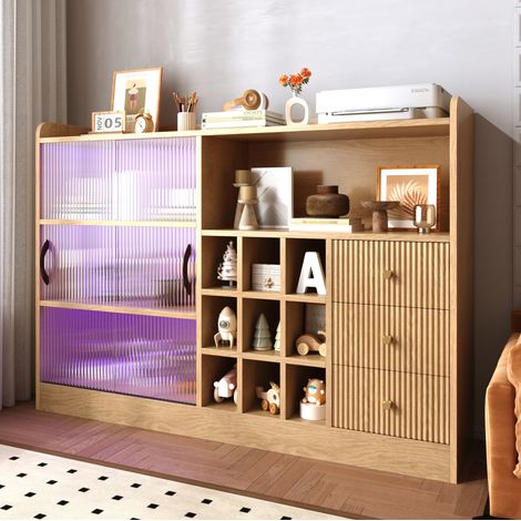 Aparador 120 cm con puertas correderas de vidrio, botellero y LED, acabado madera natural DESVIAE (1/5)
