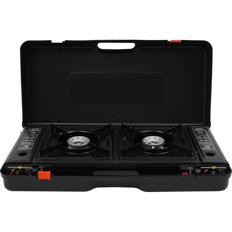 Réchaud de camping, 2 bruleurs, allumage piézoélectrique, noir (1/2)