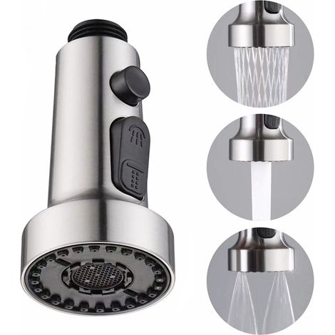 Douchette interchangeable pour robinet de cuisine - avec 11 adaptateurs, douchette extractible 3 fonctions, finition nickel brossé (1/5)