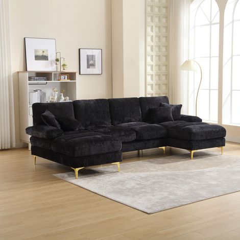 Divano Panoramico a U 4 Posti in Chenille con 2 Méridiennes Ergonomiche, Piedi Metallici Alti Dorati e Cuscini, Nero