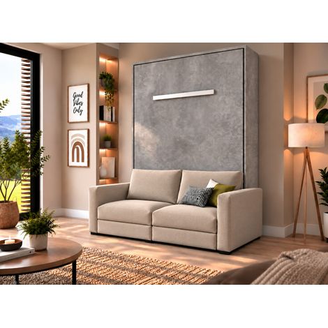 Lit escamotable vertical KIMBER avec canapé tissu intégré – Le salon le jour, un vrai lit la nuit Gris ciment Beige-140x190-Cadre Gris ciment-Façade Gris ciment-Canapé Beige (1/5)