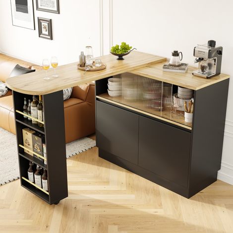 Meuble bar rotatif 360° 90x45cm – Panneaux MDF avec renforts métalliques – Étagères ouvertes et portes en verre – Design moderne pour cuisine et salle à manger (1/5)