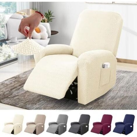 1 Seater Armchair Cover, Stretch Cover with Pockets, Striped Jacquard Full Protection for TV and Relax Armchairs (Beige, 4-Piece Set) (1/5)