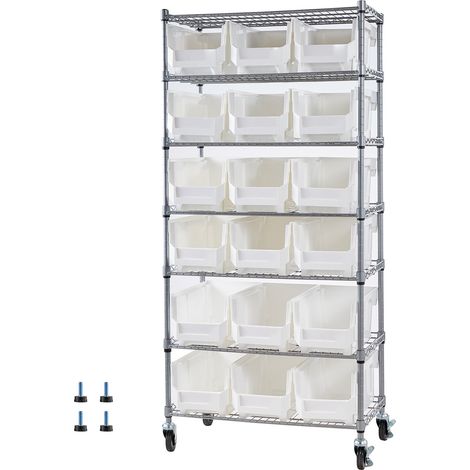 Mophorn Standregal mit 7 Ebenen und 18 Stapelboxen, vielseitiges Regal mit Rollen, ideal für Werkzeuge, Bücher oder Küchenutensilien, geeignet für Garage, Klassenzimmer und Küche, 690x355x1490 mm (1/5)