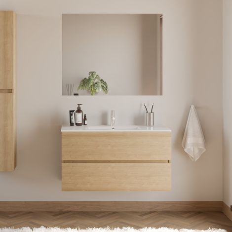 Meuble de salle de bain 90cm simple vasque - 2 tiroirs - nebraska (chêne clair) - IDA (1/5)