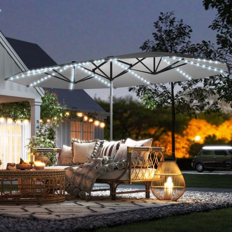 Ombrellone doppio con luci solari, alluminio, poliestere, protezione UPF50+, resistente ai raggi UV, ombrellone da giardino, grigio scuro