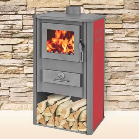 STUFA A LEGNA ACCIAIO VETRO 9 KW CON PORTALEGNA CAMINO cm 48x44x94 ROSSO og029 (1/2)