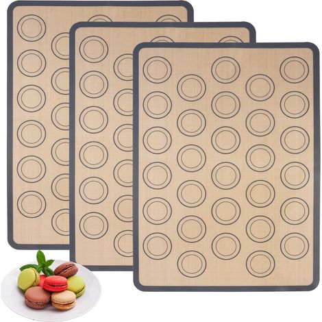 JSSEVN-3 Pièces Tapis Macarons Patisserie, 42x29,5 cm, Tapis de Cuisson en Silicone pour Macarons en Fibre de Verre avec 30 Anneaux de Guidage, Sans BPA (1/5)