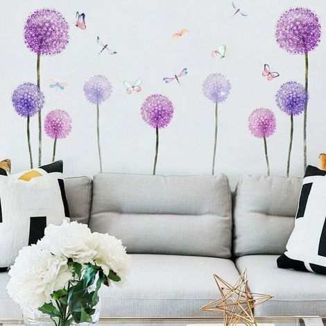 Stickers Muraux Pissenlits Violet Autocollants Mural Fleurs Papillons pour Chambre Enfants Fille Pépinière Salon Décoration Murale (1/4)