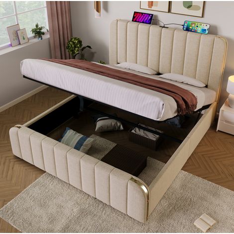 Letto matrimoniale imbottito moderno 140x200 cm in lino beige, testiera con USB/Type-C e vano contenitore idraulico (1/5)