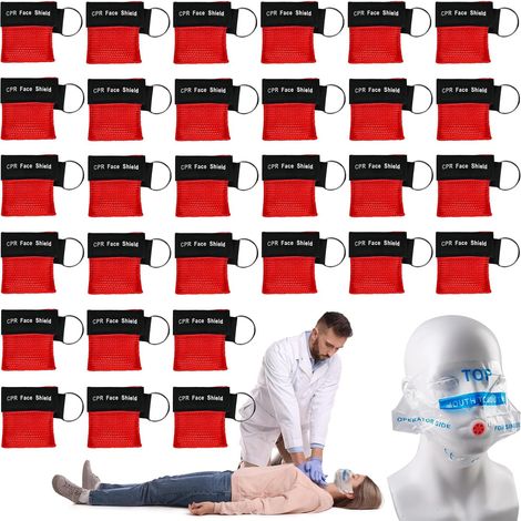 30 Pcs Respirator Mask Keychain Face Mask with Check Valve, Respirator Barrier, Pocket Mask for First Aid or AED Training (Red) (1/5)