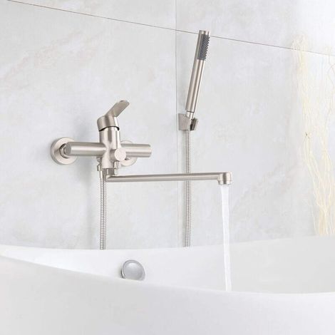 Robinet de baignoire avec douche à main, mitigeur de douche à main rond à poignée unique, robinet de douche mural en acier inoxydable brossé pour salle de bain (longueur de sortie : 35 cm) (1/5)