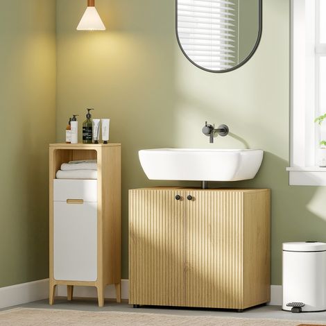 Meuble Sous Lavabo - Portes Amorties Étagère - 60x39.8x58.5cm - Bois Naturel - Confort d'Utilisation SdB. (1/5)
