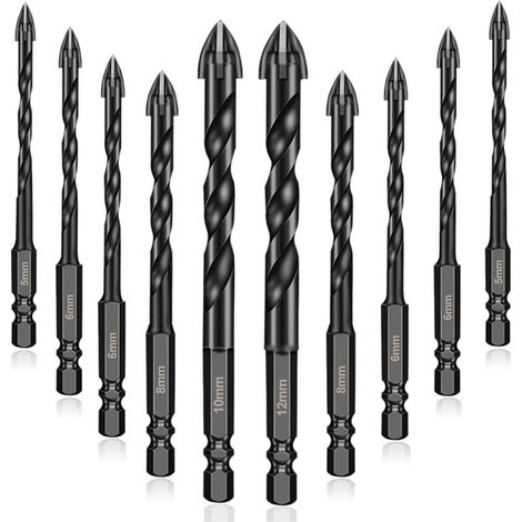 10Pcs Forets à Maçonnerie en Carbure de Tungstène, Forets Pour Carrelage Verre pour porcelaine, carrelage, béton, mur de brique, verre, miroirs, plastique, et bois - 5/5/6/6/6/6/8/8/10/12mm (1/5)