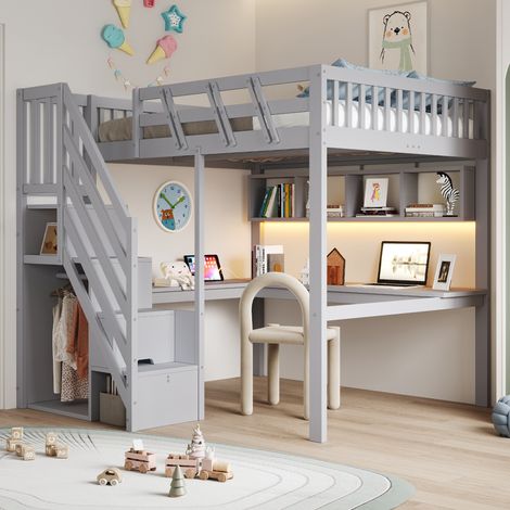 Lit mezzanine enfant 2 places 140x200 cm avec bureau, escalier de rangement, étagères, prise USB et éclairage LED, bois massif, garde-corps, gris (1/5)