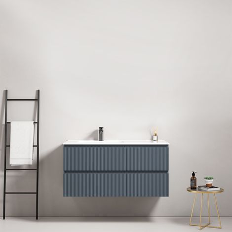 Mobile bagno sospeso cannettato 100 cm Blu Mare Lavabo a Sinistra in Ceramica Senza Specchio - Fiji Paint (1/4)