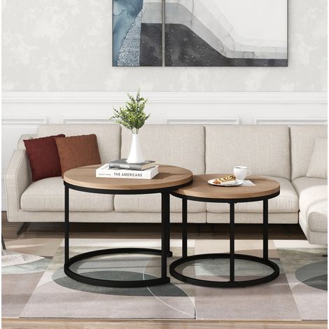 Table basse ronde 50x70.5 cm chêne en MDF avec effet marbre, design empilable et structure métallique (1/5)