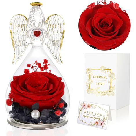 Rose Éternelle sous Cloche Ange Gardien, Figurine Cadeau pour Fête des Mères/Saint-Valentin - Rouge (1/5)