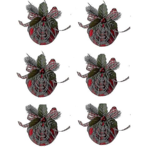 Lot de 6 boules de Noël rouges à motif tartan, ornées d'un nœud et de feuilles vertes - Décoration Cs (1/5)