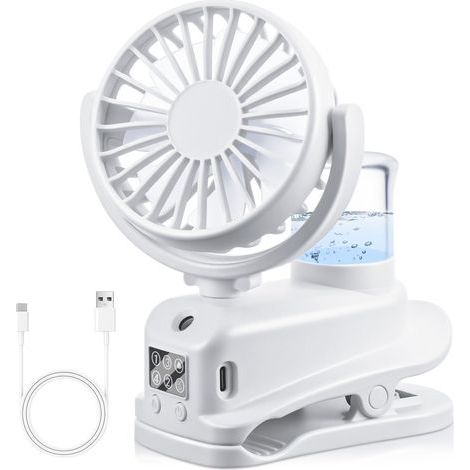 Ventilateur à Pince, Mini Ventilateur Rechargeable par USB avec Spray Humidificateur, à 4 Vitesses avec Clip, Affichage LED, Small Table Fan pour Bureau, Maison, Camping - Blanc (1/5)