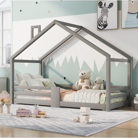 Lit cabane enfant 90/200 cm gris en bois de pin avec barrière de sécurité (1/5)