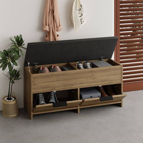 Zapatero Tapah, Mueble para 8 Pares, 3 Puertas, 4 Compartimentos, 106x34x50h cm Roble Marrón (1/4)
