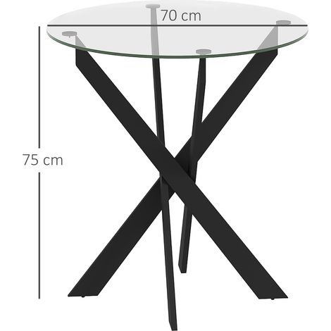 Table ronde cuisine 4 personnes, table à manger avec pieds en acier, plateau en verre trempé, pour salle à manger et cuisine, Ø70 x 75 cm, design moderne, noir et transparent (1/5)